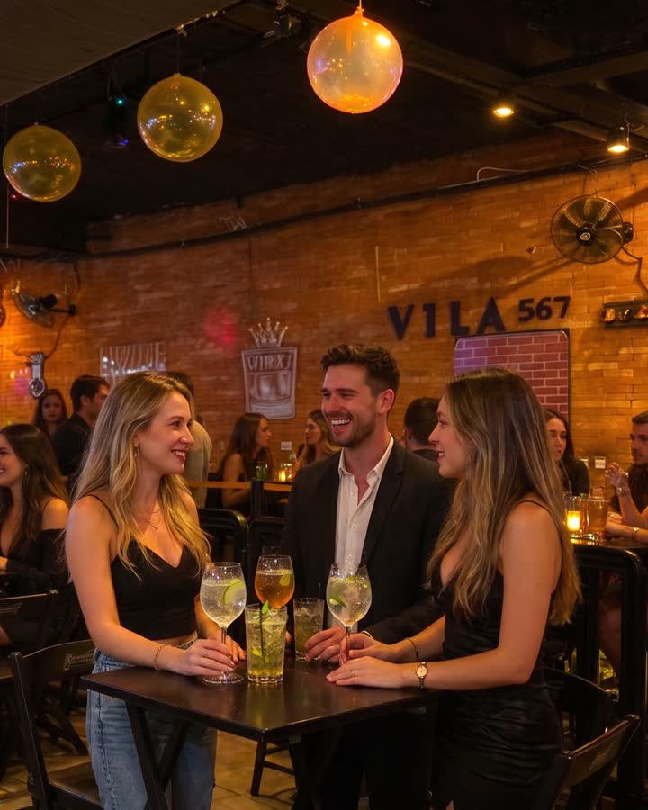 Salão do Vila 567 com parede de tijolos, bistrôs e pessoas conversando