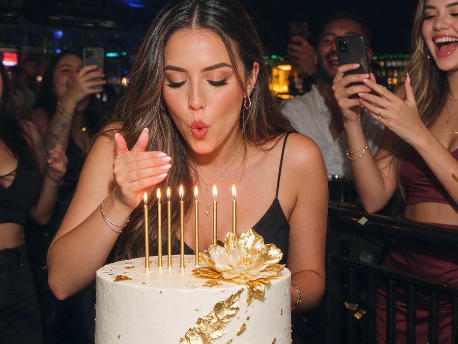 Aniversariante soprando as velas do bolo no rooftop, com balões e champanhe