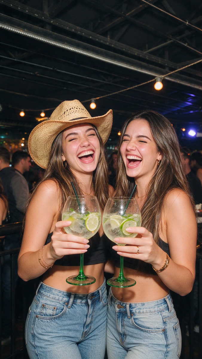 Duas amigas brindando com gin, uma de chapéu de palha
