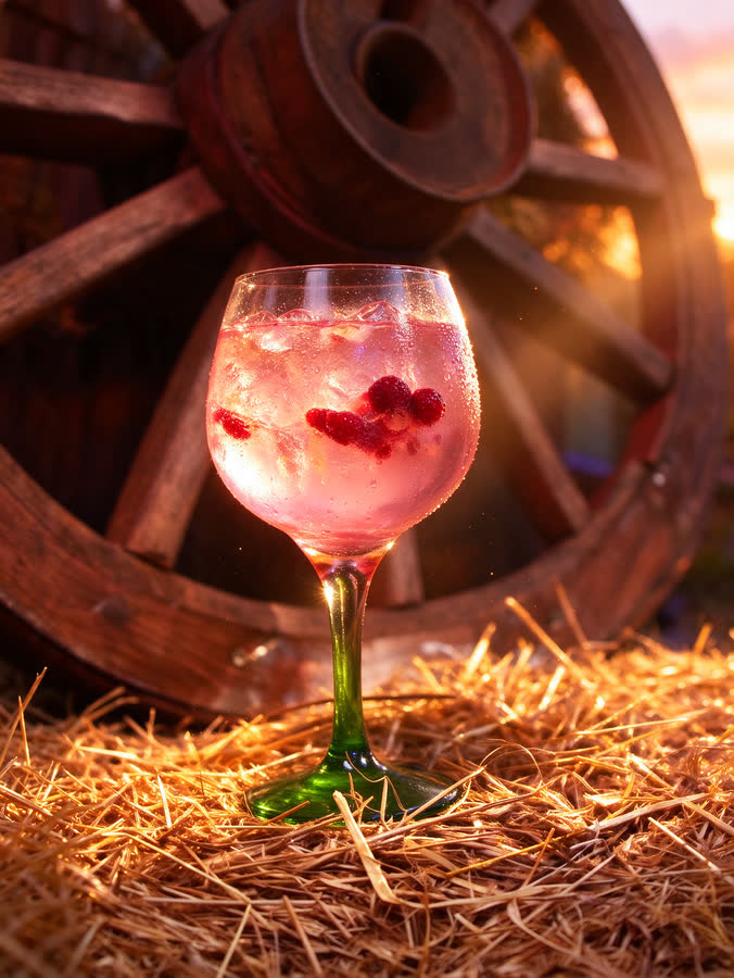 Gin rosa na taça de haste verde sobre o feno