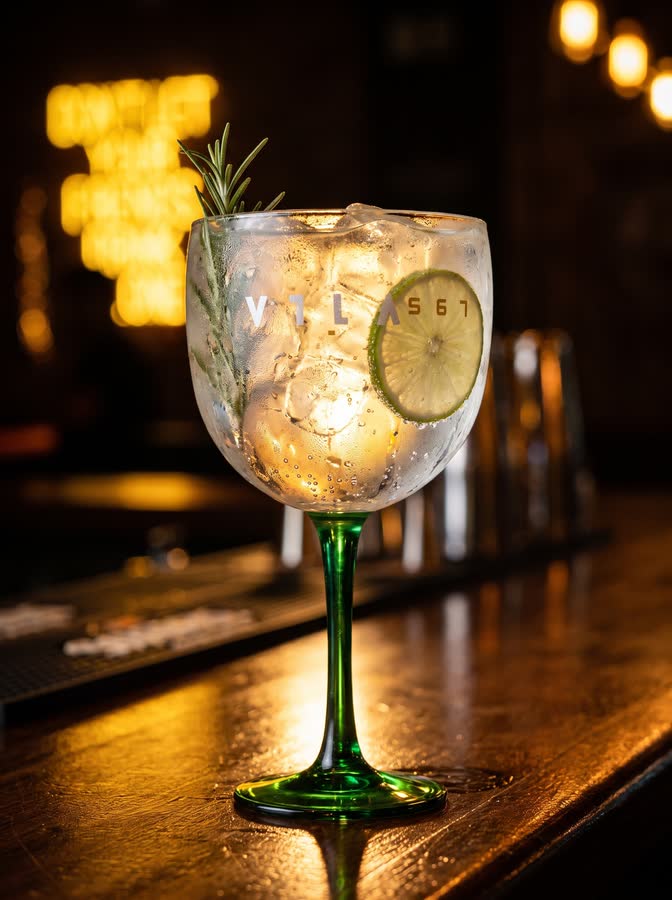 Gin tônica na taça VILA com alecrim e limão