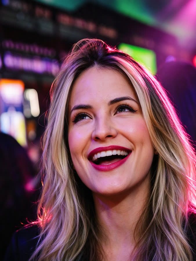 Mulher sorrindo e cantando junto com a banda