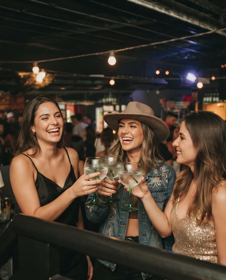 Três amigas brindando com gin no rooftop do Vila 567, uma de chapéu